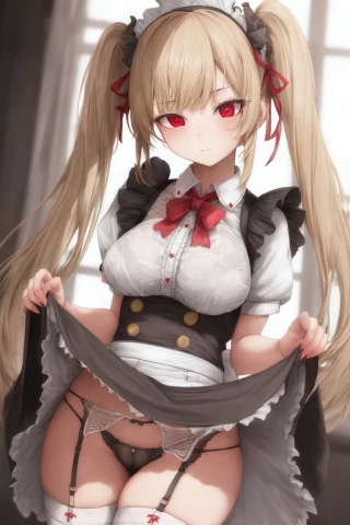 Twin tails, Small breasts, Lifting up skirt, Tall, Skirt, Cool, Maid uniform, See-through, Underwear
